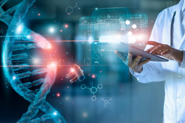 Medical imagery depicting DNA fragments and medical researcher for real-world evidence for drug development