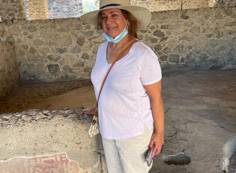 Dr. Femida Gwadry-Sridhar in a stone building at Teotihuacán.